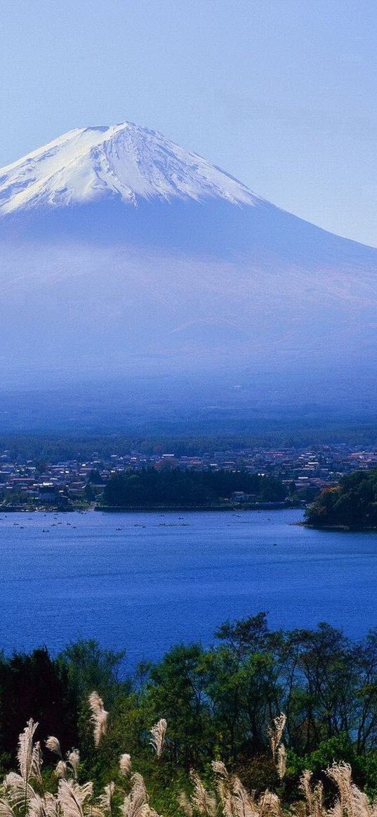 volcano, clouds, coast, top, city, water, grass