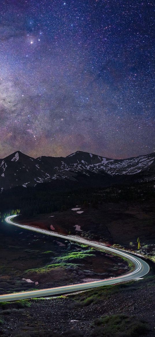 road, timelapse, savannah, hills, snow, starry sky