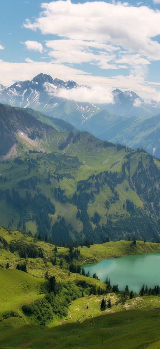 lake, mountains, slopes, hollow, meadows, trees, greens