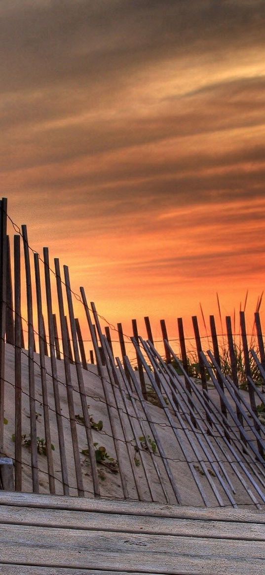 fence, laths, sun, decline, evening, sand, beach