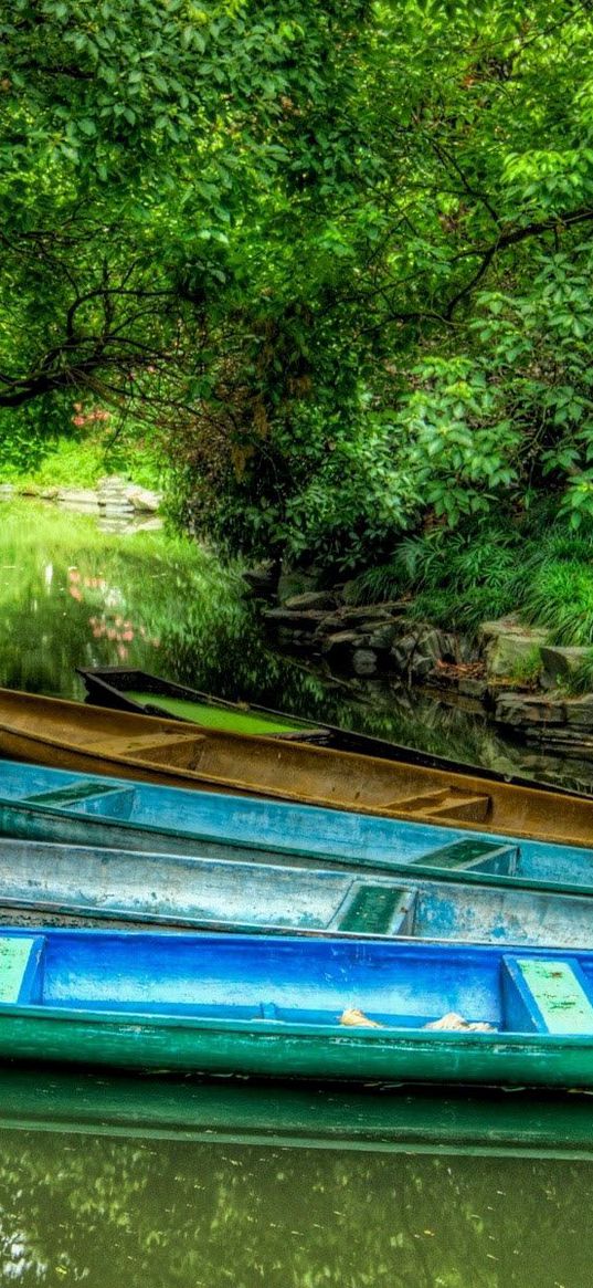 boats, multi-coloured, coast, greens, trees, stones