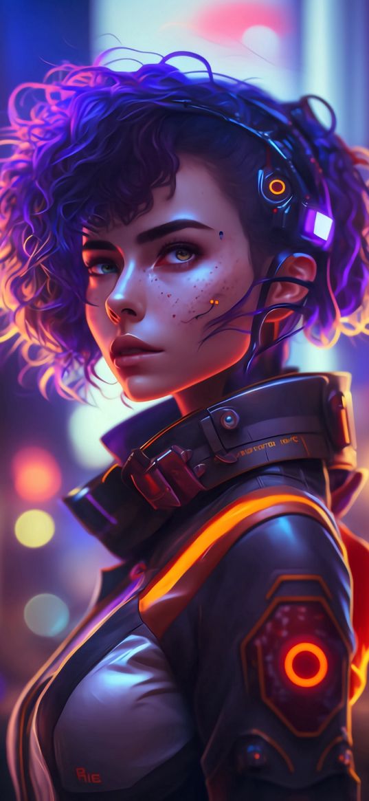 girl, neon, cyberpunk, freckles, curls