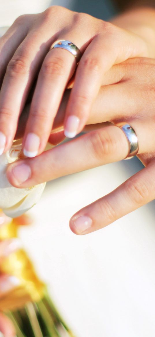 hands, wedding, rings, bouquet, roses