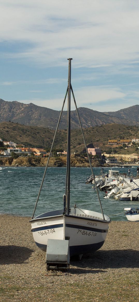 boat, mast, bay, mountains