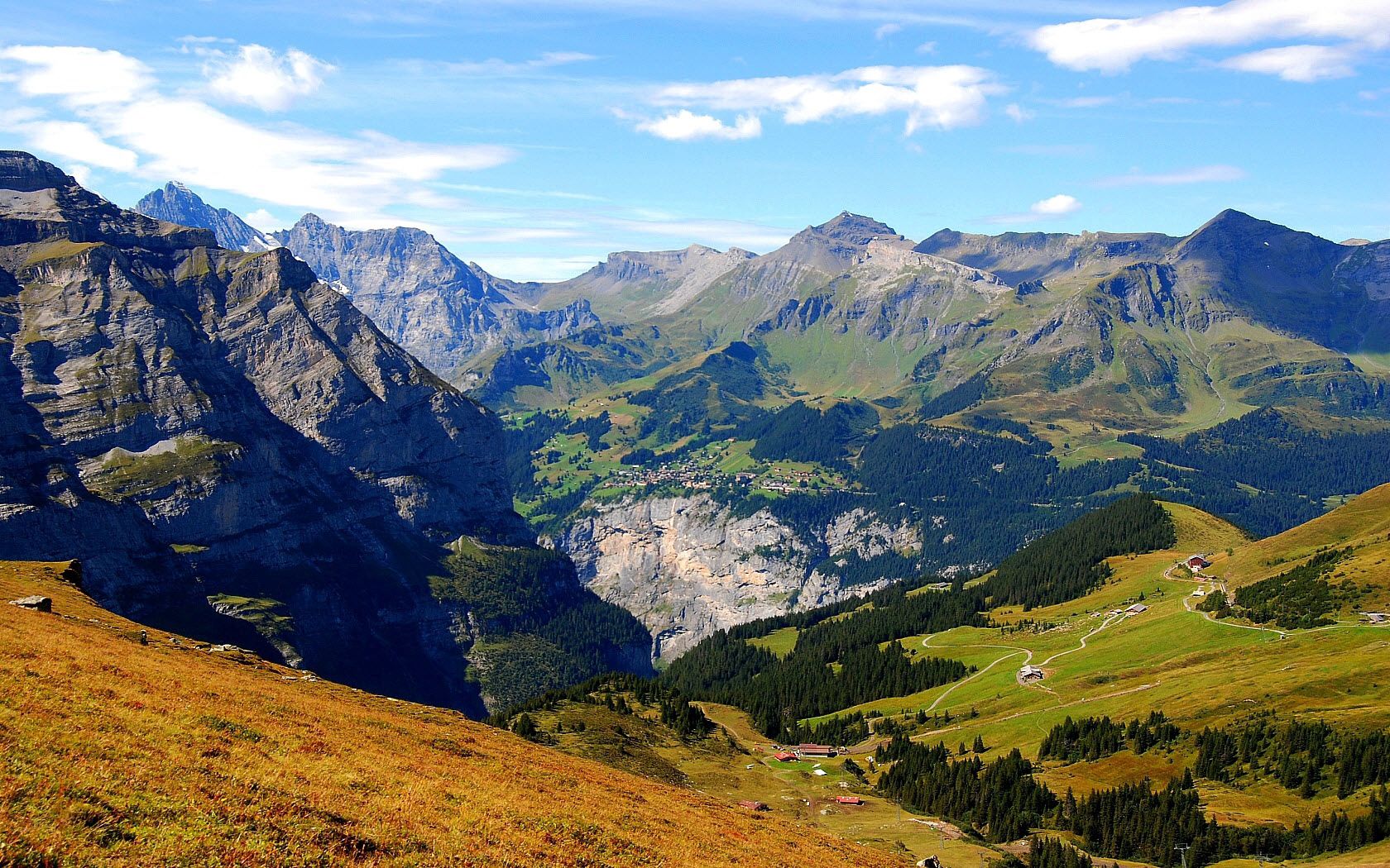 mountains, slopes, meadows, glades, greens, trees