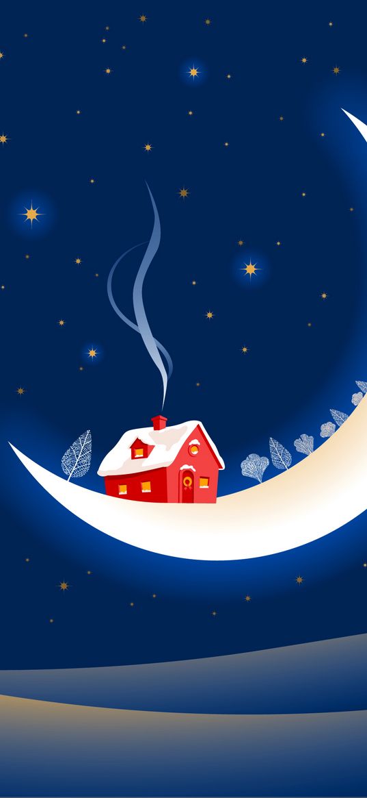 fantastic, month, stars, winter, snow, house, smoke, trees