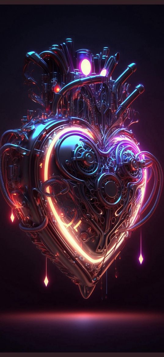 heart, cyberpunk, wires, iron, metal, glow, 3d, art