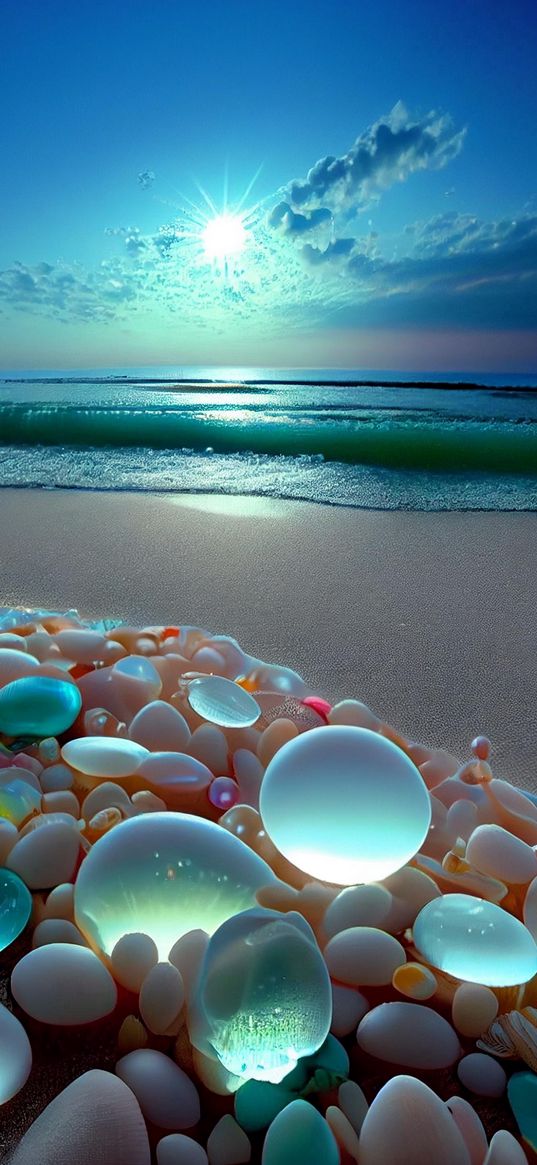 beach, sand, waves, stones, glow, bright, sun rays