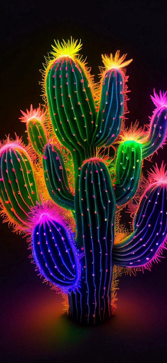 cactus, plant, needles, glow, neon, colored, black