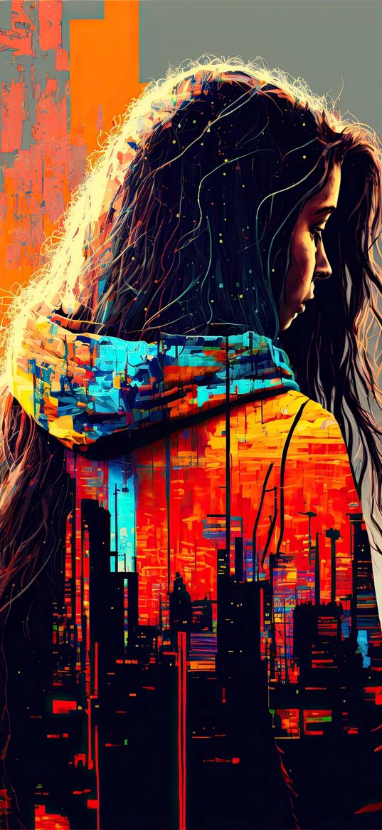 girl, texture, city, print, color, bright