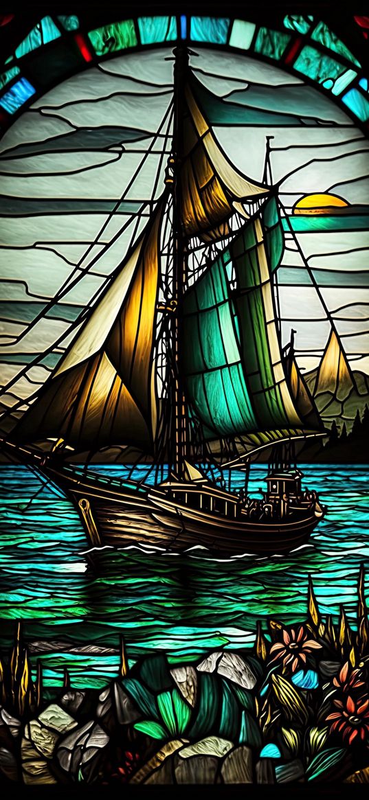 window, mosaic, ship, fragments, colored, dark, art