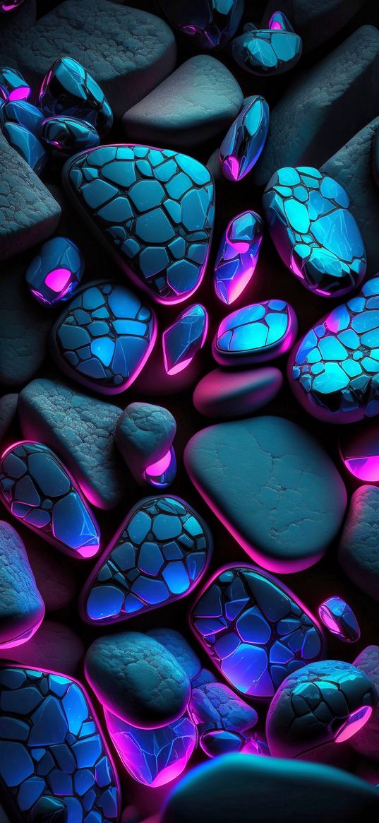 stones, fragments, cracks, glow, purple, blue, gray