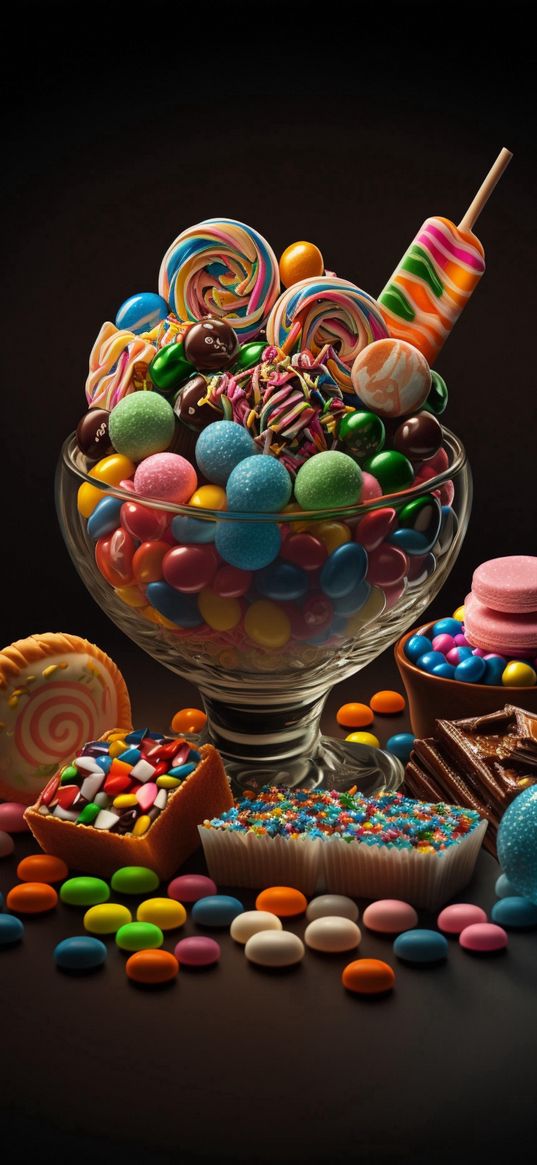 candy, sweets, glass, color, dark background, 3d, art