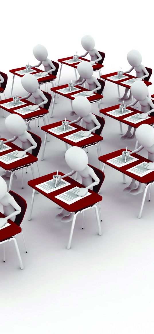 men, desks, test, white background