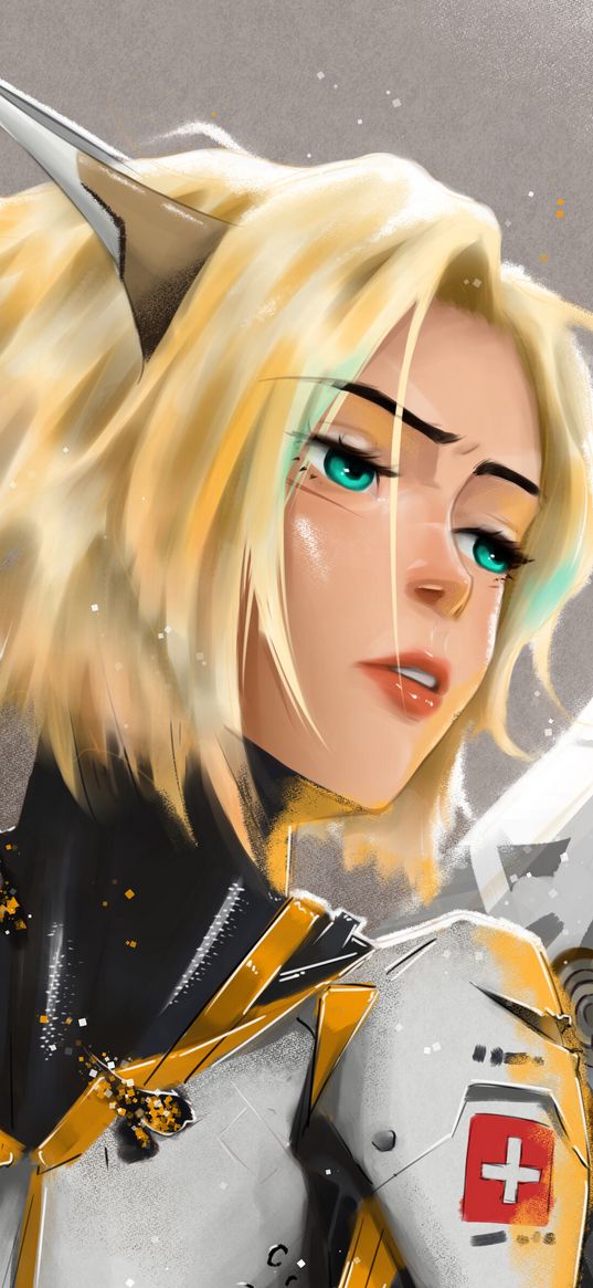 mercy, overwatch, game, character, angel, short hair, blond, art