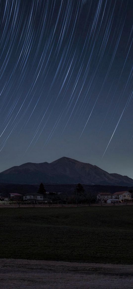 field, houses, village, mountains, starfall, stars, sky, night, landscape, nature