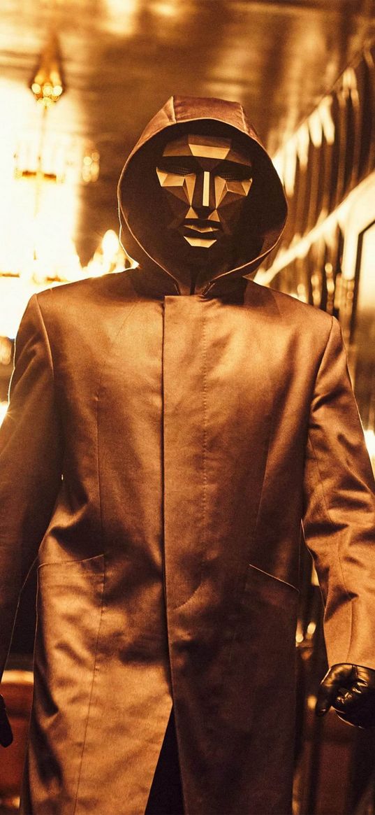 black mask, squid game, tv series, character, anonymous, mask, hood, golden