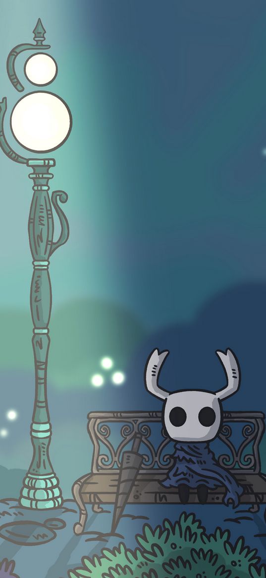 hollow knight, game, character, bench, lantern, night, art