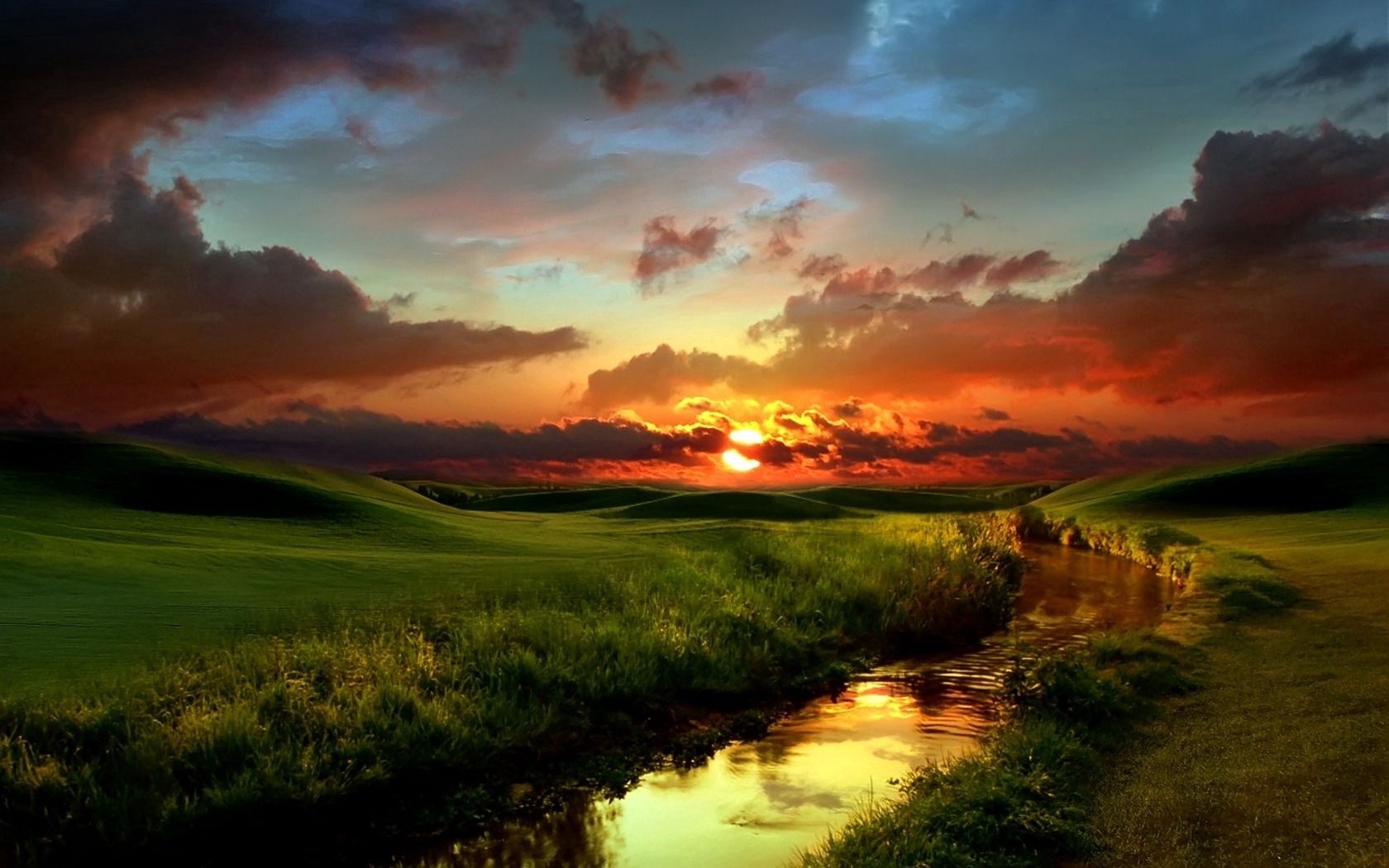 river, grass, greens, coast, decline, evening, clouds, sky