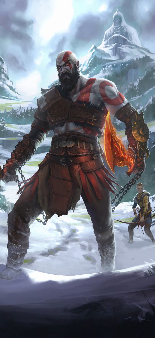 kratos, atreus, god of war, game, mountains, statue, snow, winter, fantasy, art