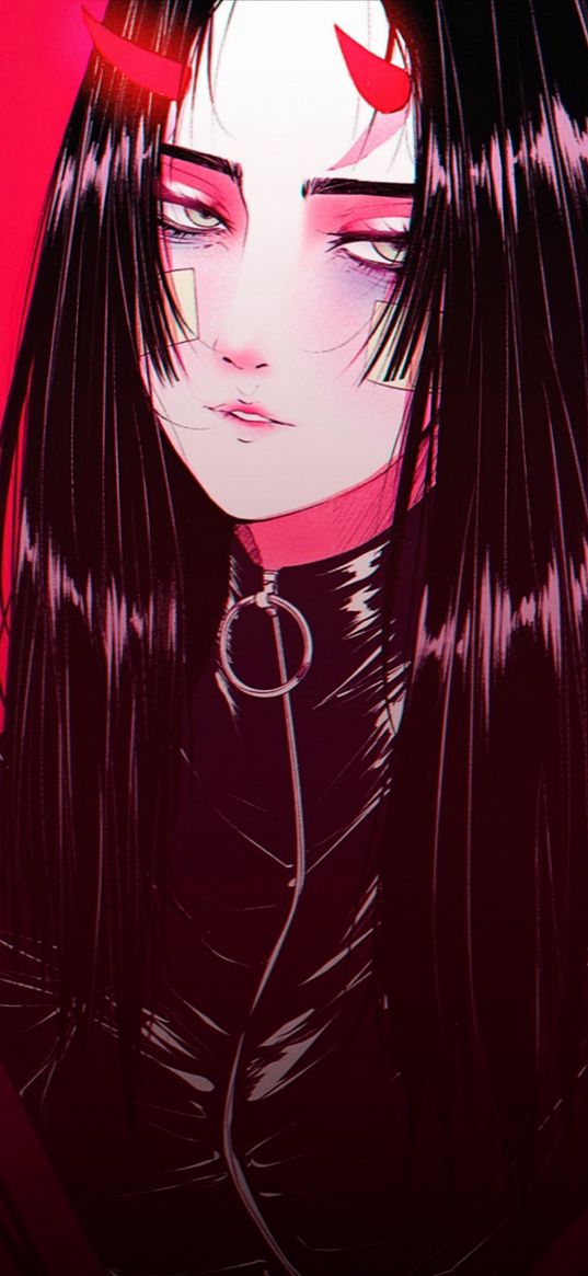 girl, demon, horns, long hair, tired, leather jacket, black, red background, art