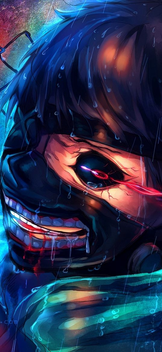 ken kaneki, tokyo ghoul, anime, guy, mask, monster, rain, fence, art