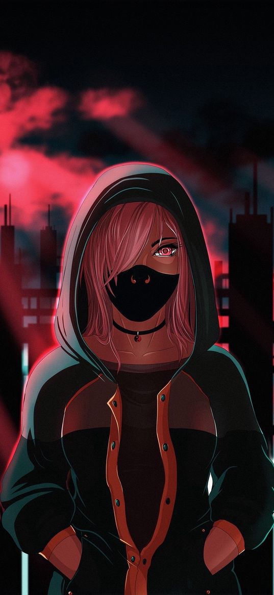 girl, mask, pink hair, hoodie, choker, city, clouds, moon, night, black, pink, anime, art