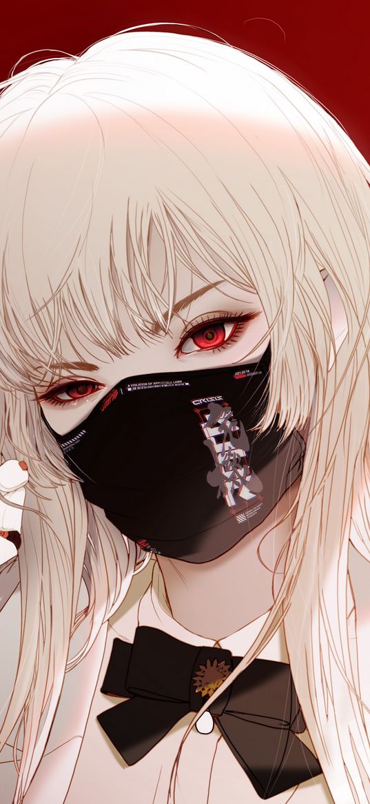 girl, white hair, mask, red eyes, beautiful, jacket, red background, anime, art