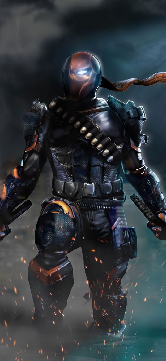 deathstroke, villain, dc, soldier, mask, swords, sparks, clouds, art