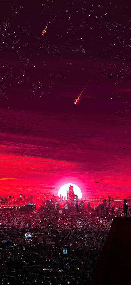 man, roof, skyscrapers, city, future, sun, red sunset, comets, stars, night, art