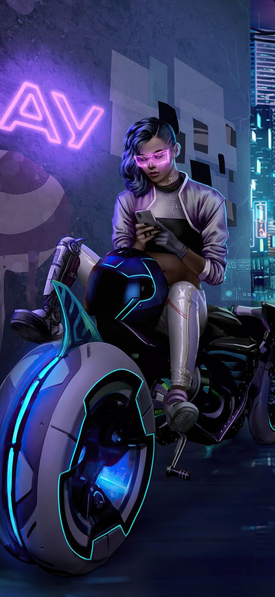 girl, helmet, motorcycle, glasses, smartphone, street, city, neon, cyberpunk, future, art