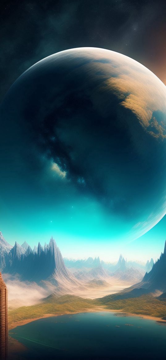 planet, lake, mountains, landscape, nature, science fiction, ai, art