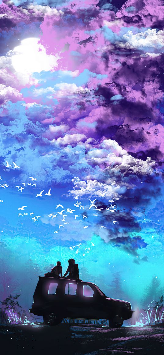 car, couple, love, trees, forest, birds, clouds, moon, sky, blue, purple, art