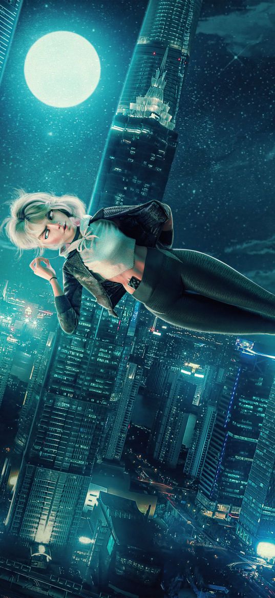 gwen, superheroes, wallpaper, moon, art, skyscrapers, spider-man