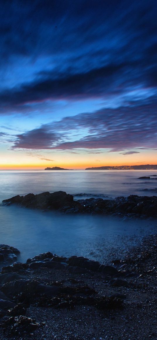 sea, shore, lights, dawn, clouds