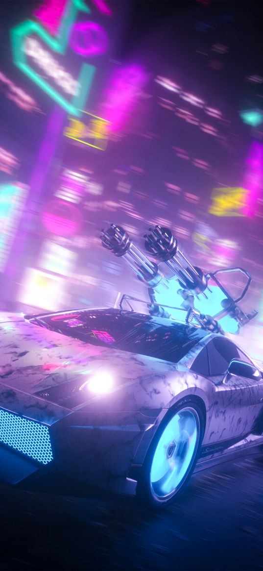 car, guns, weapons, neon, night