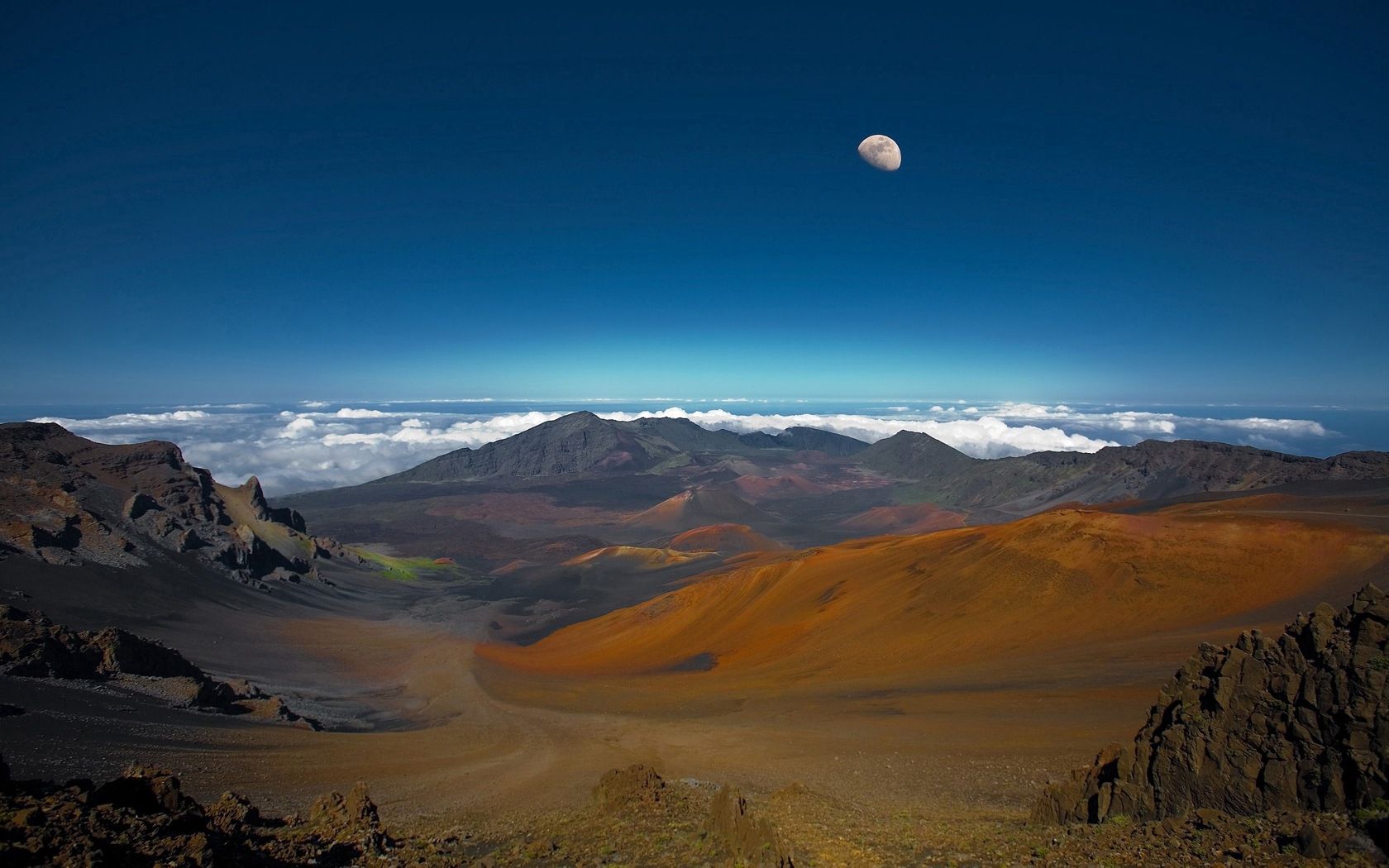 height, descent, clouds, mountains, moon, sky