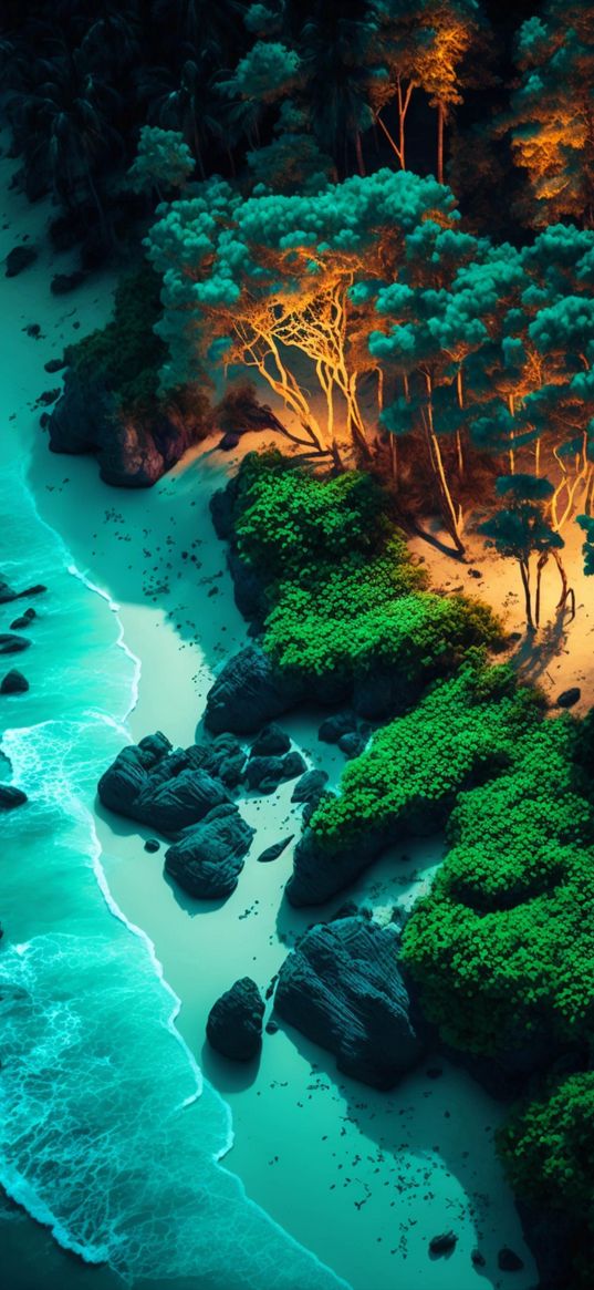 beach, sand, water, trees, rocks, greenery, art