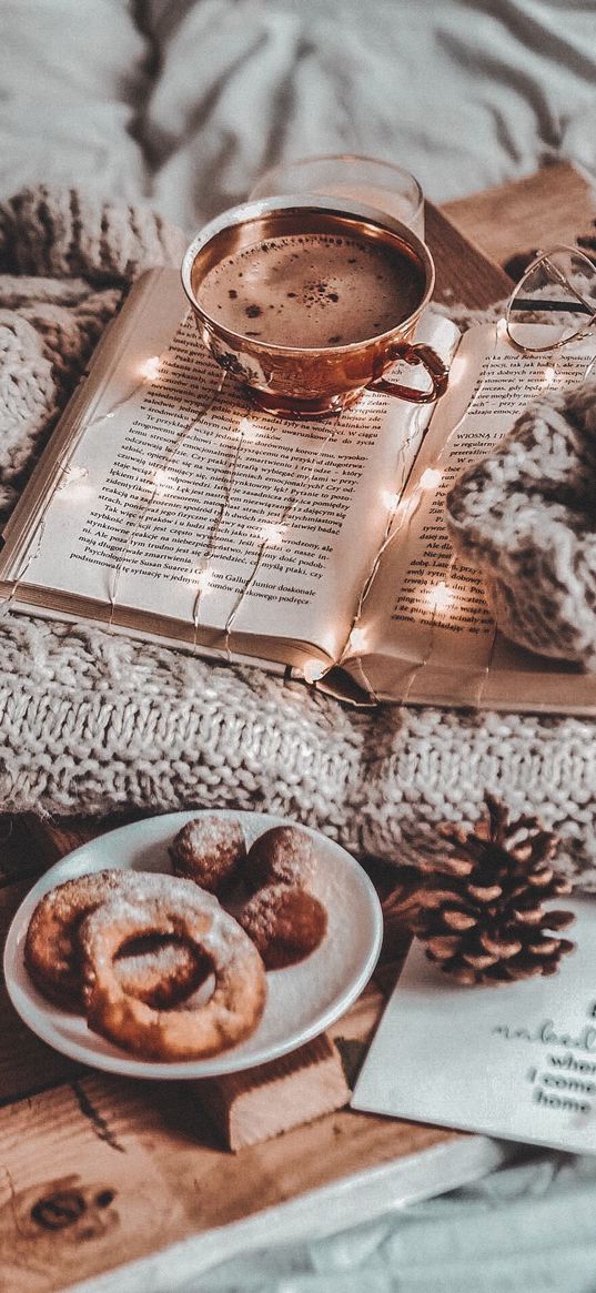 book, garland, coffee, drink, cup, decor, winter