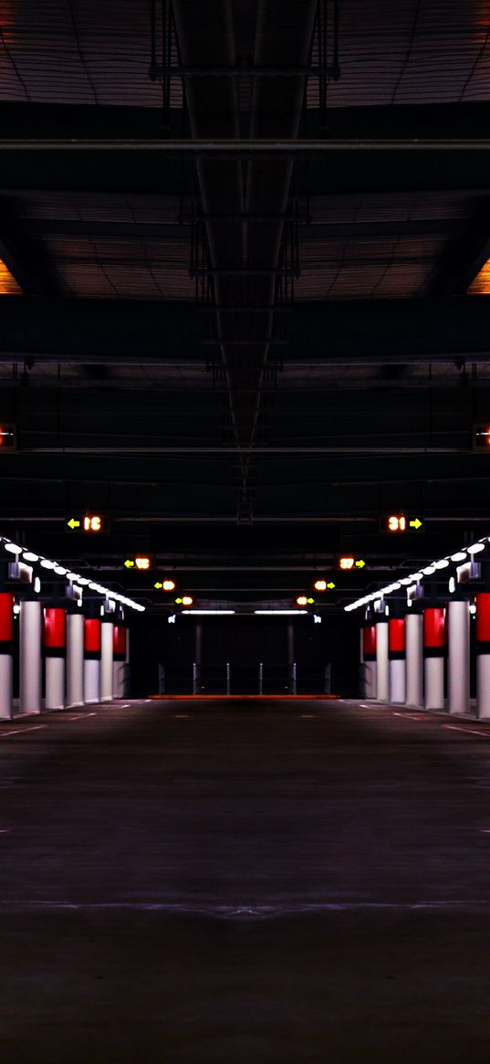 parking, columns, building, dark