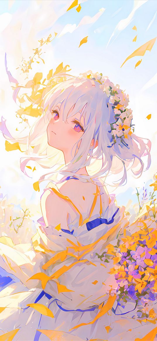 girl, flowers, petals, light, anime