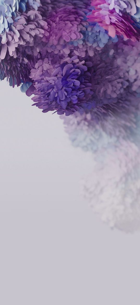 flowers, petals, purple, blue, white background, art