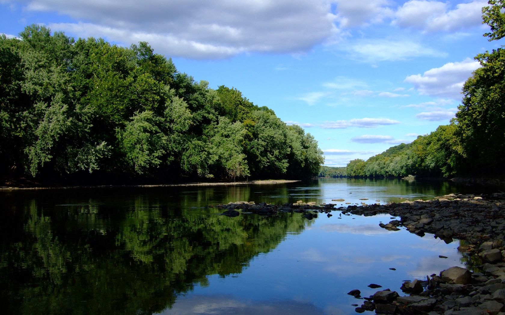 stones, river, trees, coast, summer, clouds