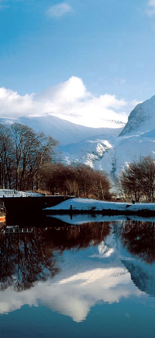 mountains, water, boat, mooring, bridge, snow, scotland