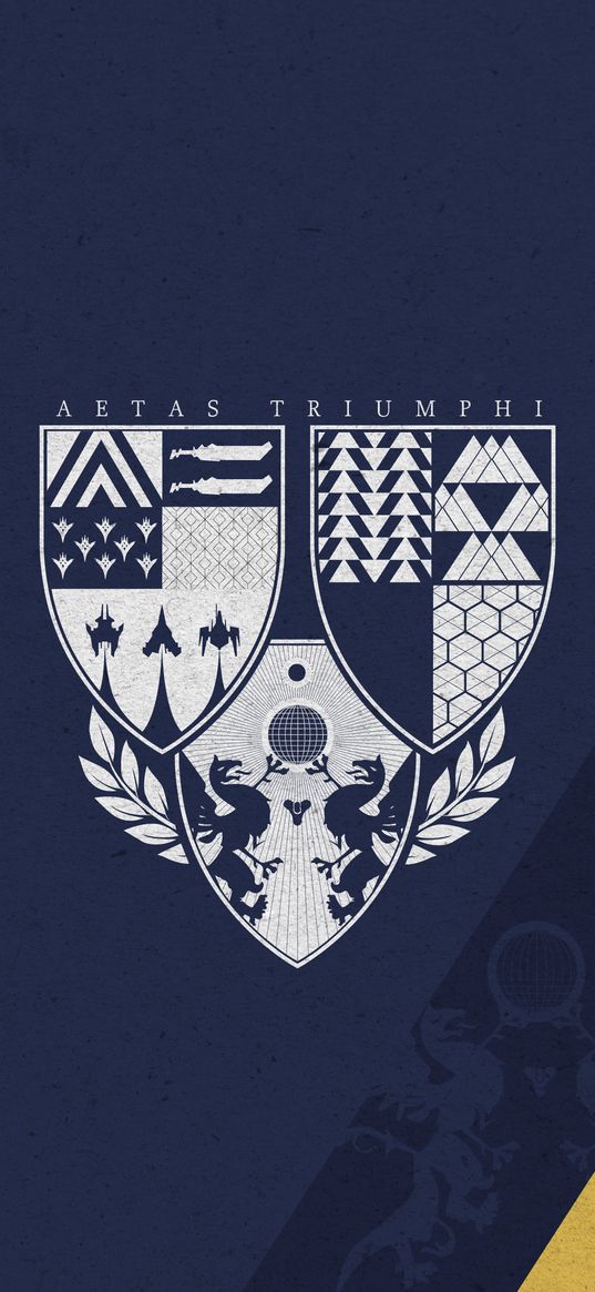 destiny 2, game, shields, griffins, stripes, logo, emblem, white, yellow, blue background