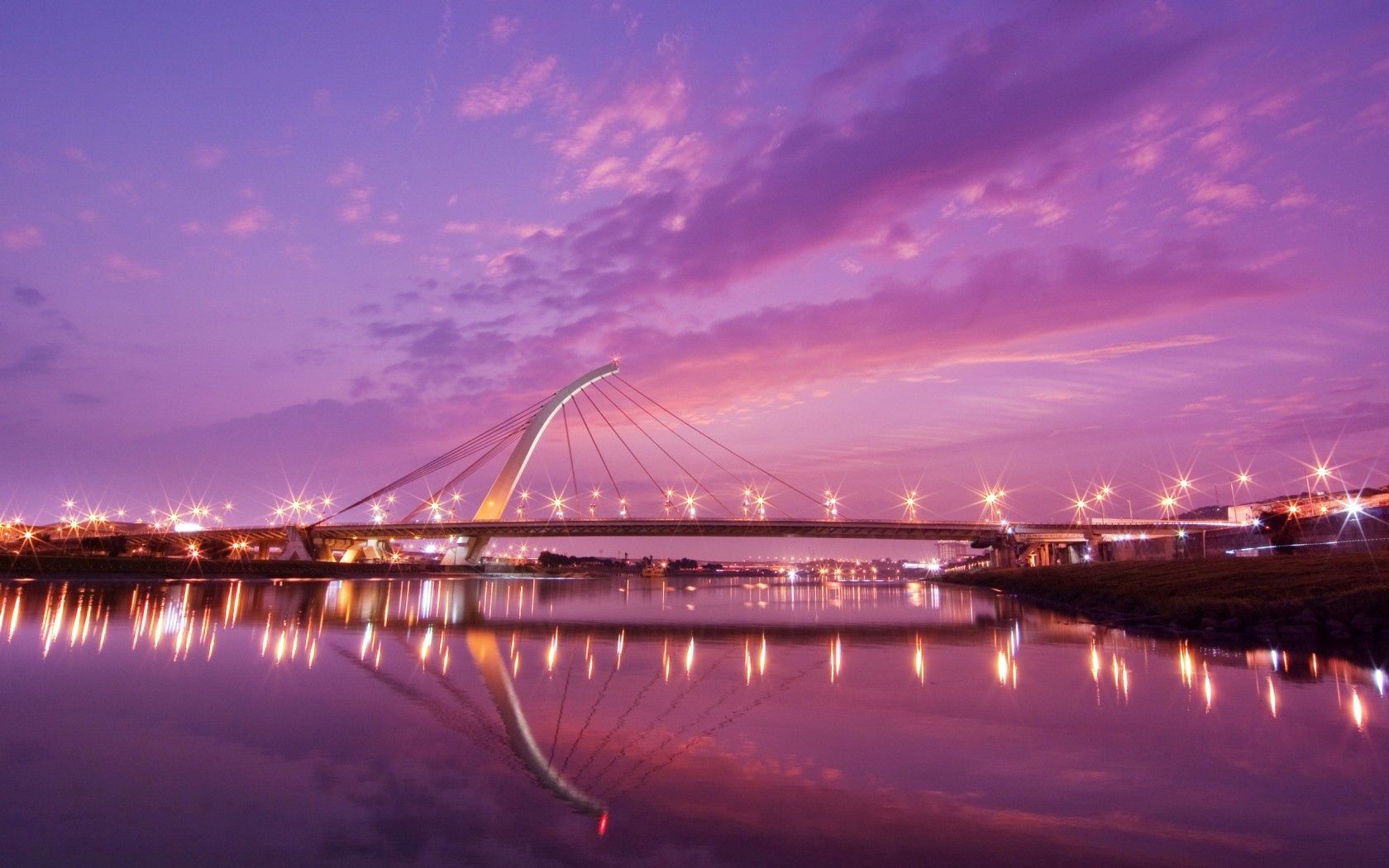 city, bridge, neon, light