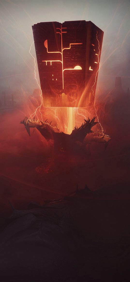 destiny 2, game, fortress, abyss, symbol, monster, flame, fire, fantasy, landscape, art