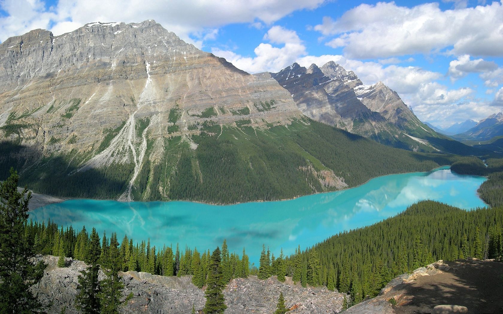 mountains, river, blue water, bends, fur-trees, rocks