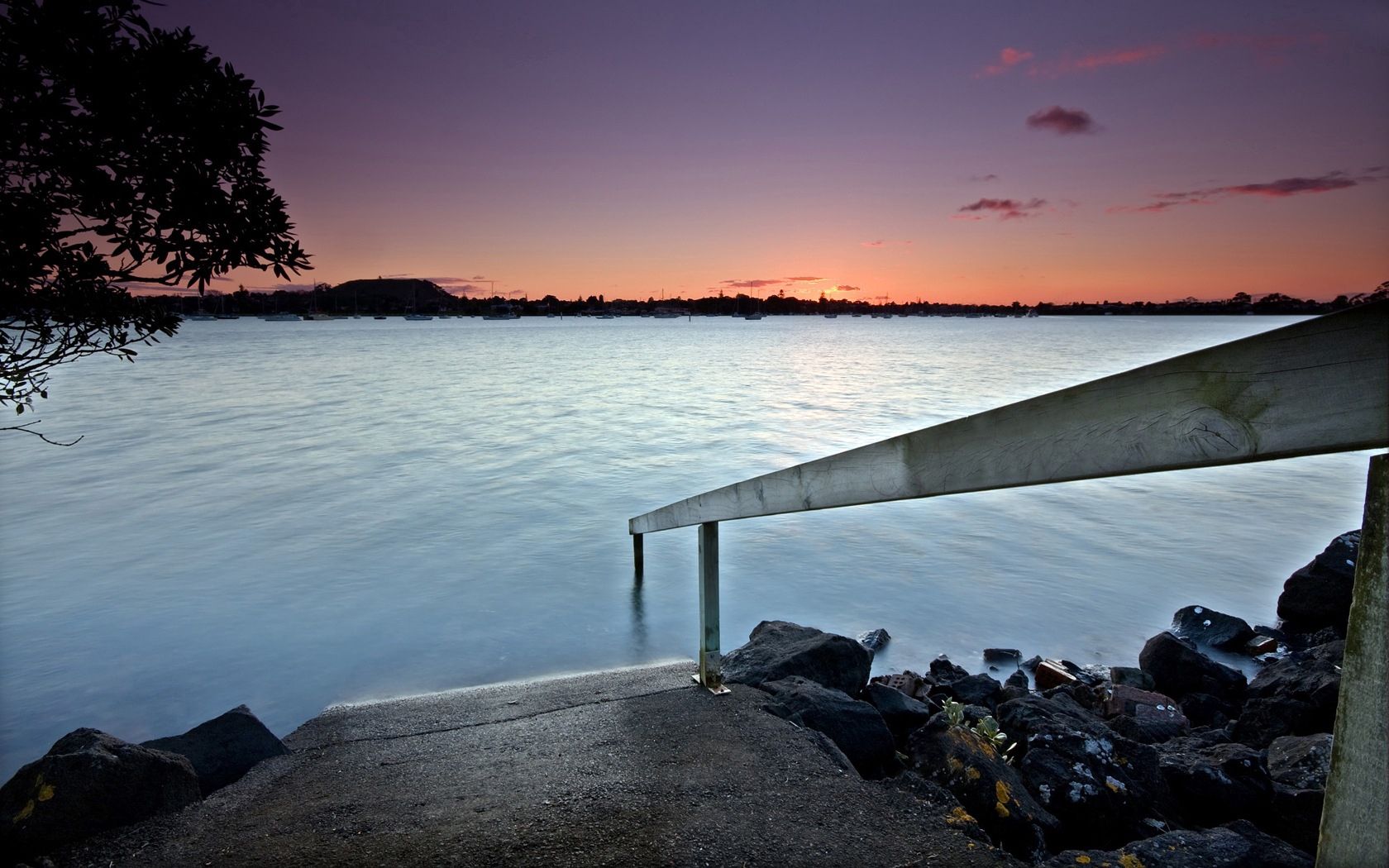 pier, handrail, stones, water, flooding, evening