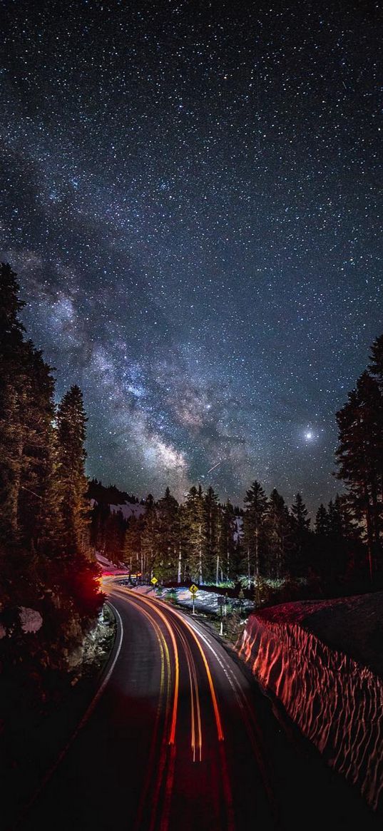 road, headlights, timelapse, trees, forest, sunset, milky way, starry sky, stars, night, nature